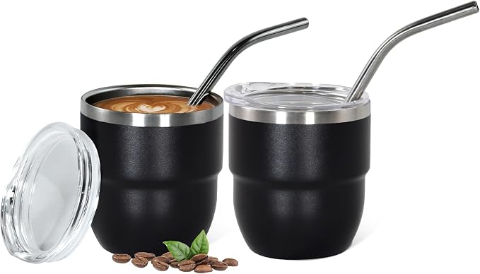 CHLJAR 4oz Stackable Cup, Vacuum Insulated Espresso Cup Set of 2, Espresso Shot Glass for Coffee, Double Wall Stainless Steel Mini Tumbler Shot Glasses with Straw and Lid