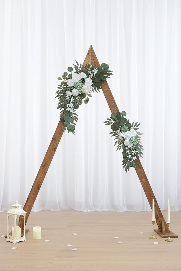 Olalaka 2-Pack Sage Green & White Wedding Flower Swag Set, Large: 35.43"L x 14.56"W, Small: 24.80"L x 12.99"W, Artificial Flowers for Wedding Arch, Ceremony, Table Centerpieces, Wall Hanging
