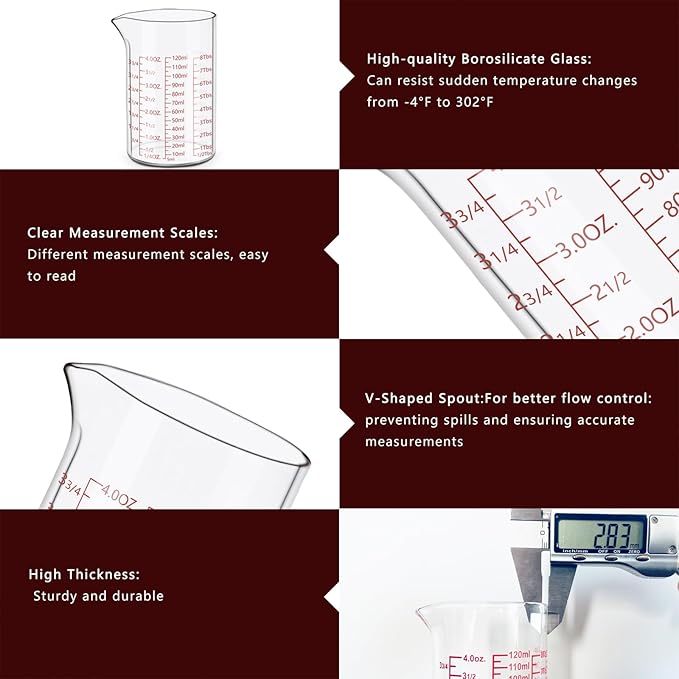 Measuring Cup Set 30ml L(1oz), 60ml (2oz), 120ml (4oz), 250ml (8oz), 4 Piece Glass Liquid Measuring Beakers, High Borosilicate Glass Measuring Cup, V-Shaped Spout