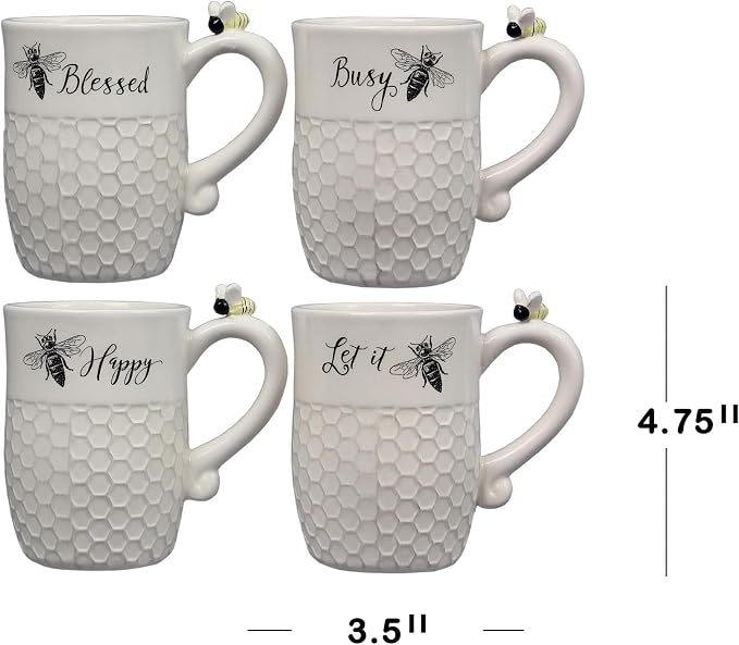 Young's Inc Ceramic Bee Coffee Mug Set of 4, 16 oz – Honeycomb Texture Cups with Bee Handle – Microwave & Dishwasher Safe, Perfect Bees Lover Gift