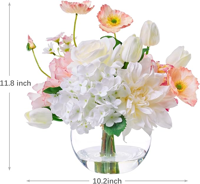 Artificial Flowers in Vase for Seasonal Decor, Mixed White Tulips & Pink Silk Fake Flowers Bouquet Arrangements in Glass Vase with Fake Water for Spring Home Office Hotel Wedding Party Table Decor