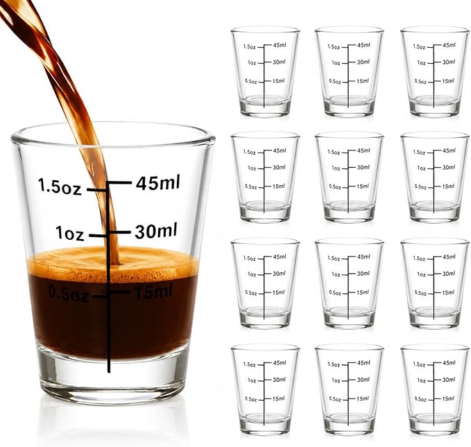 Ruckae Shot Glasses Measuring Cup Set 12 Pack Espresso Shot Glasses Liquid Heavy Glass -Incremental Measurement 1.5oz Shot Glass for Bars and Home Use