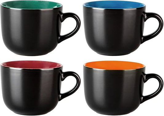 GBhome Jumbo Soup Mugs with Handles, 24 Oz Large Coffee Mugs Set of 4, Ceramic Soup bowls for Soup Cereal Snacks Salad Noodles Cups, Microwave safe - Matte Black, Colorful Inside