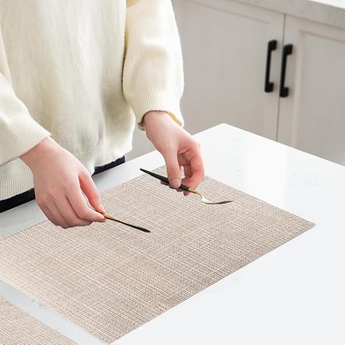 PIGCHCY Beige Placemats Set of 6 Vinyl PVC Durable Place Mats for Dining Table,Heat Resistant Non-Slip Woven Tabel Mats (18x12 inches, Beige)