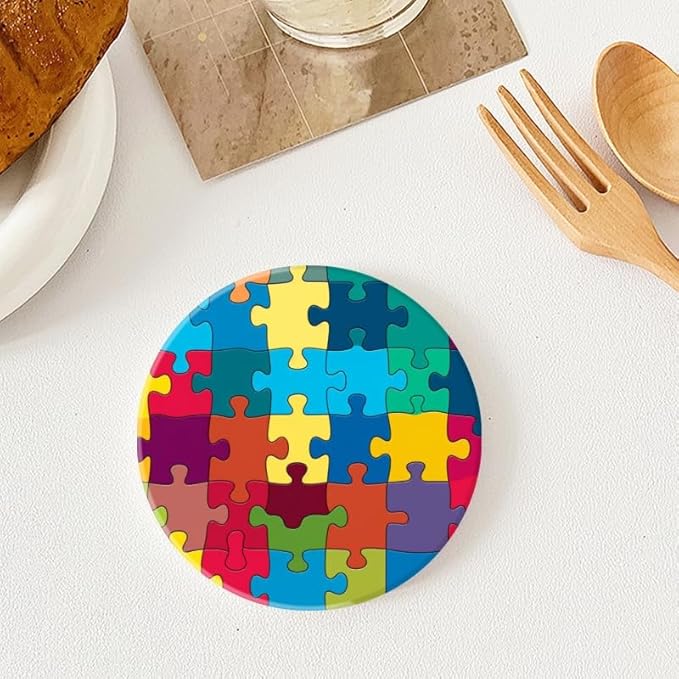 Ceramic Stone Coasters for Drinks Cup, Colorful Puzzle Background Absorbent Anti Slip Cup Coasters with Cork Base for Kitchen Living Room Office Decor Housewarming Gift Set of 1 (4 * 4 Inch)
