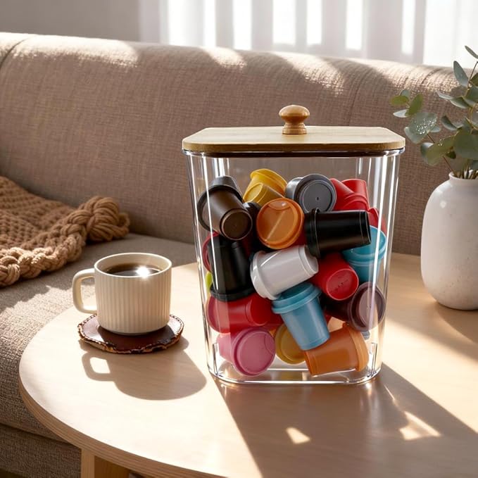 2 Pack Clear Coffee Pod Holder With Bamboo Lids Plastic K Cup Organizer Large Capacity With Wooden Base For Kitchen Countertop, Cafe Bar Organizer, Office Desktop