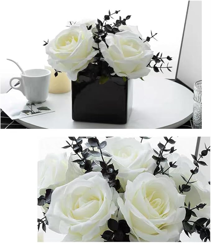 LADADA Artificial Flowers with Small Ceramic Vases | Roses in Vases Plastic Artificial Flowers and Plants,Used for Home Office Wedding Decoration（white + black）