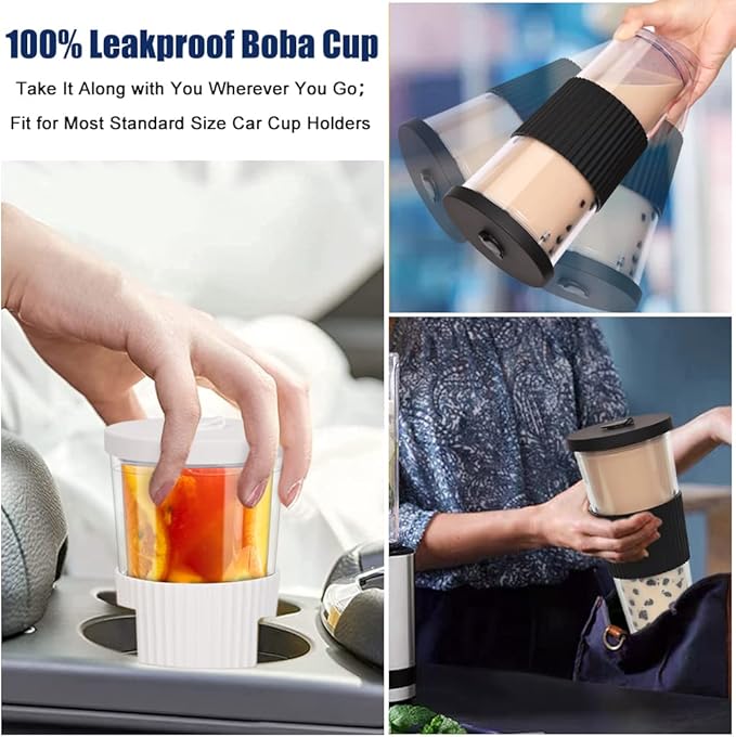 2 Pack Reusable Boba Tea Cups, 24oz Iced Coffee Cup with Straw and Lid, Leakproof Clear Plastic Cups Tumbler, Double Wall Insulated Smoothie Tumbler, Wide Straw for Bubble Tea, Black and White