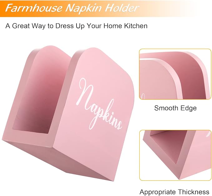 ALELION Pink Napkin Holder for Table - Wooden Napkin Holders for Kitchen - Pink Kitchen Decor and Accessories for Dining Room Table - Wood Napkin Dispenser