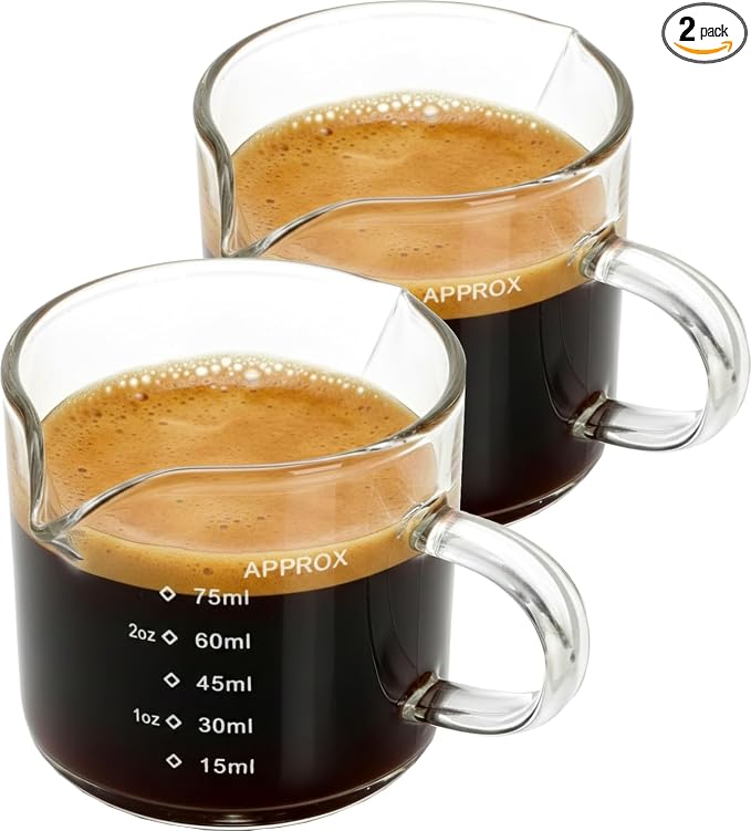 Espresso Shot Cups, Set of 2, 4 OZ Glass Measuring Cup with Handle | Coffee Bar Essentials, Milk Cup, Espresso Accessories for Machine