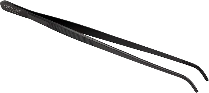 O'Creme Stainless Steel Precision Kitchen Tweezer Tongs with Serrated Tips for Gripping (10" Curved, Black)