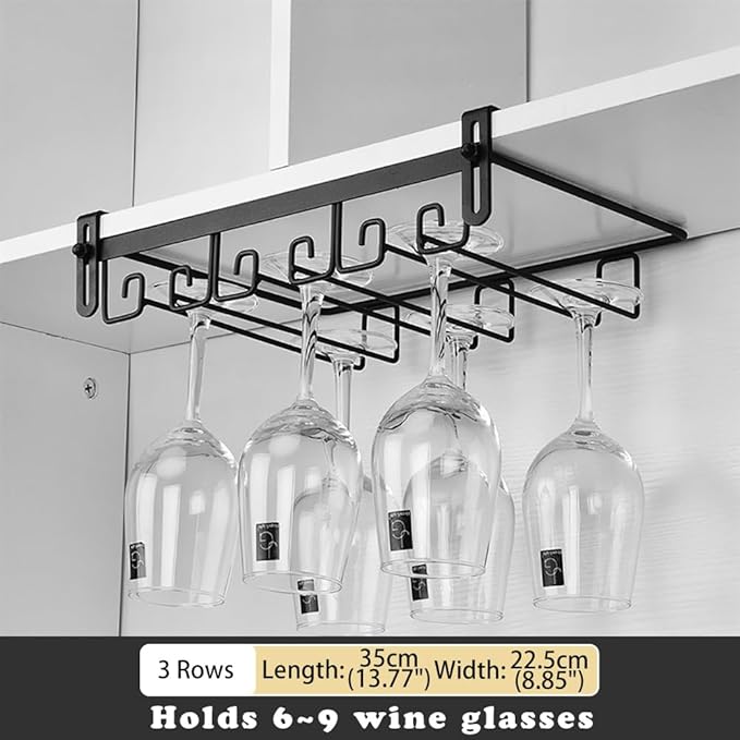 CAKERS Creative Wine Glass Holder|Under Cabinet Iron Art Stemware Rack|Hanging Wine Glass Drying Holder For Kitchen Bar Restaurant,Black,3 Rows