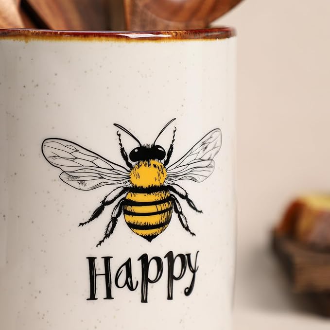 SOCOSY Bee Happy Ceramic Kitchen Utensil Holder For Countertop Large Cooking Utensil Crock Holder Spatula Holder-Yellow