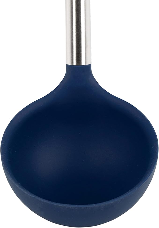 Tovolo Silicone Cooking Utensil Set of 6 Stainless Steel Handle Ladle Slotted Turner Tongs Flex Core Spatula Scraper Mixing Spoon & Potato Masher, Dishwasher Safe BPA Free Utensils, Deep Indigo