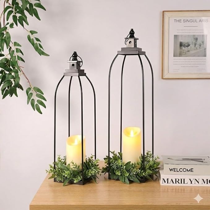 DARJEN 19'' 22'' Decorative Candle Lanterns, Large Farmhouse Decorative Metal Lanterns with 2 Flameless Candles, Black Candle Lanterns for Home Porch Fireplace Decor & Indoor and Outdoor Use