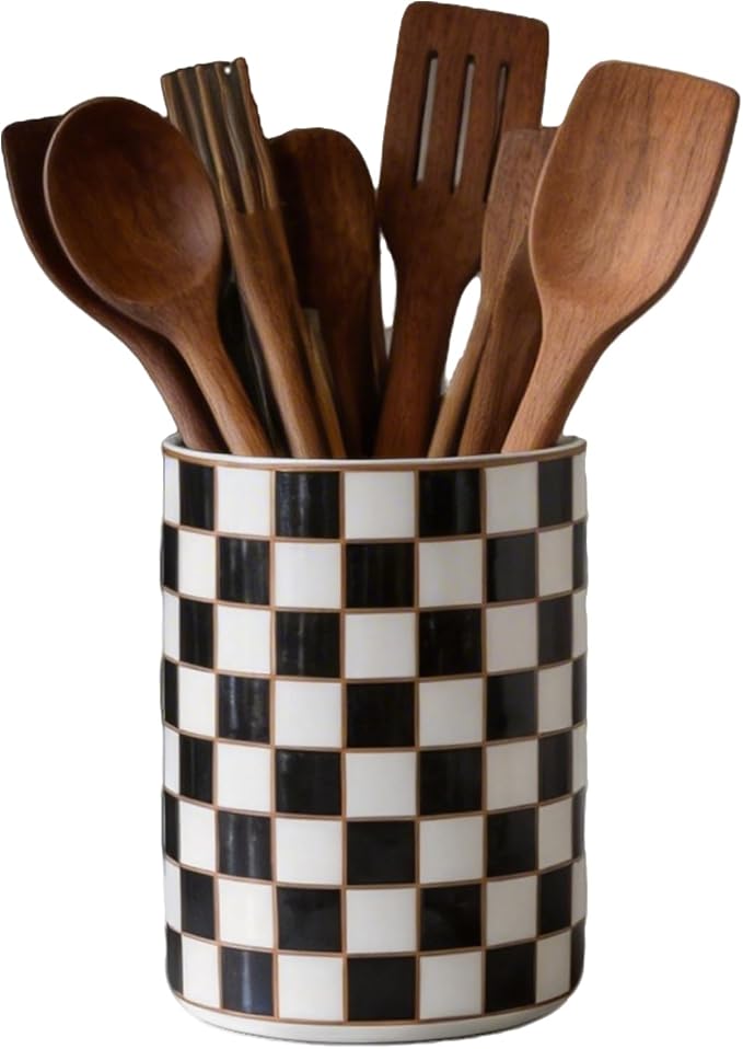 Checkered Kitchen Utensil Holder,Black And White Ceramic Cooking Utensil Holder Modern Utensil Crocks for Kitchen Counter,Housewarming Gift, Farmhouse Kitchen Decor and Accessories (Black)