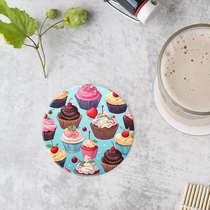 Ceramic Stone Cork Coasters for Drinks Tableware, Cupcake Pattern Round Absorbent Durable Aesthetic Art Cup Mat Protects Tables and Surfaces Set of 1 (4 * 4 Inch)