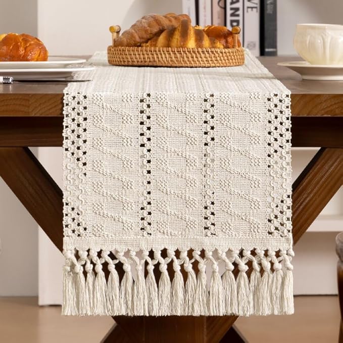Boho Woven Cotton Linen Table Runner Beige 11"x70" with Tassels Rustic Macrame Farmhouse Table Runner Summer Decor for Dining Room Wedding Kitchen Party