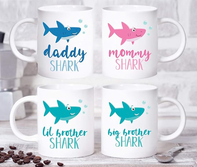 Andaz Press Baby Shark Family 11oz. Coffee Mug Gift Set, Mommy Daddy Big Lil Brother Shark, 4-Pack, Shark Do Do Do Gift Idea Birthday Christmas Gifts for Mother's Father's Day