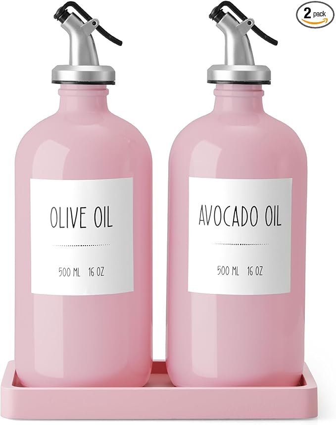 Olive Oil Dispenser Bottle for Kitchen, 16oz Glass Oil and Vinegar Dispenser Set with Wood Tray & 54 Labels - Coffee Syrup Dispenser - Pink Kitchen Decor and Accessories - Set of 2