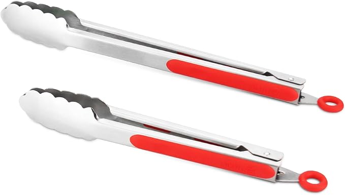 Premium 304 Stainless Steel Tongs Set – 12" Grill Tongs & 9" Cooking Tongs, Heat Resistant up to 600°F, Wavy Grip Head, Non‑Slip Handle with Locking Clip & Hanging Loop, Dishwasher Safe, Red