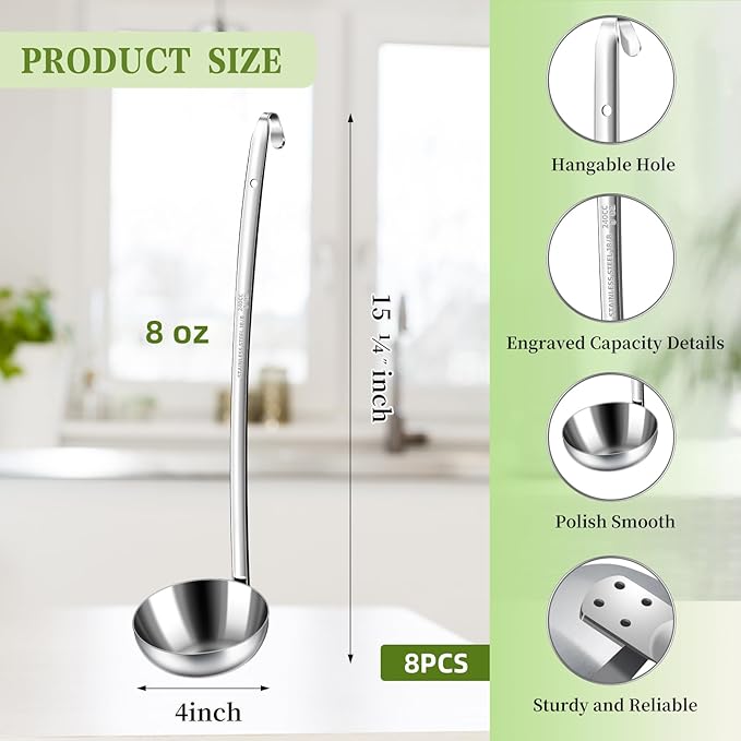 8pcs Stainless Steel Ladle 8 Oz Soup Ladle 14" long Spoon Heavy-Duty Metal Spoon Sets big spoons for cooking Serving Soups, Gravy, Portioning, Stirring