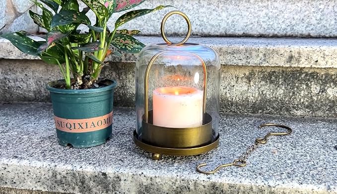5"x7.5" Versatile Modern Metal Hurricane Lantern with Handmade Sturdy Glass Dome in Antique Brass for 3" Pillar Candle & Plants, Industrial, Farmhouse, Shabby Chic (Brass, 5"x7.5" for 3" Pillar)
