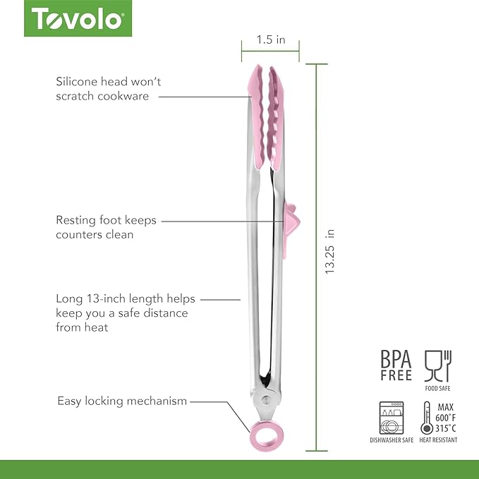 Tovolo Tongs With Silicone Tips Easy Grip 13" Long Kitchen Tongs Stainless Steel Handle For Cooking, Non Scratch Heat Resistant Locking Tongs Silicone Tipped Dishwasher Safe BPA Free, Pink Sorbet