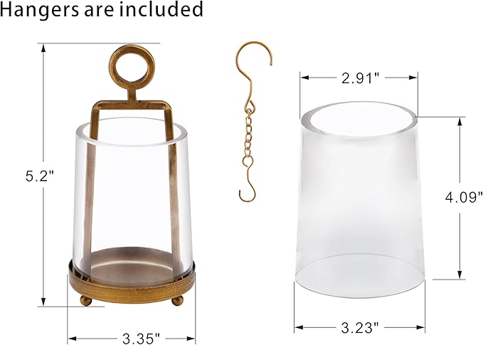 3.3" Wide Modern Farmhouse Metal Hurricane Candle Holder with Handmade Sturdy Glass Sleeve in Antique Brass for Pillar Candle & Plants, Glass Hurricane Lantern, Industrial, Minimalistic