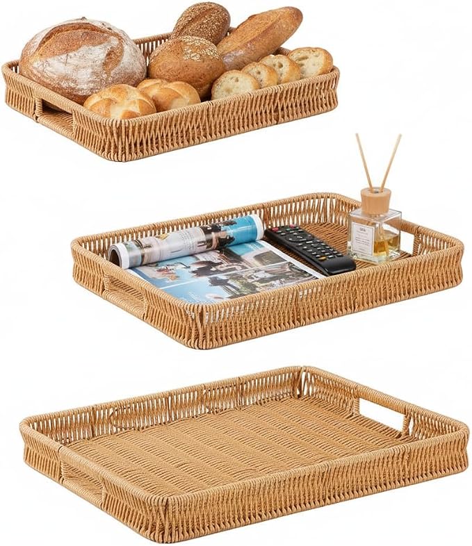 3pcs Rectangular Serving Tray with Handles, Decorative Wicker Organizer Baskets Storage Tray for Coffee Table, Bread, Fruit, Snacks, Table Centerpiece Decor