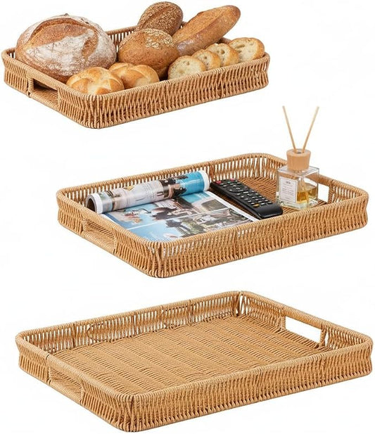 3pcs Rectangular Serving Tray with Handles, Decorative Wicker Organizer Baskets Storage Tray for Coffee Table, Bread, Fruit, Snacks, Table Centerpiece Decor