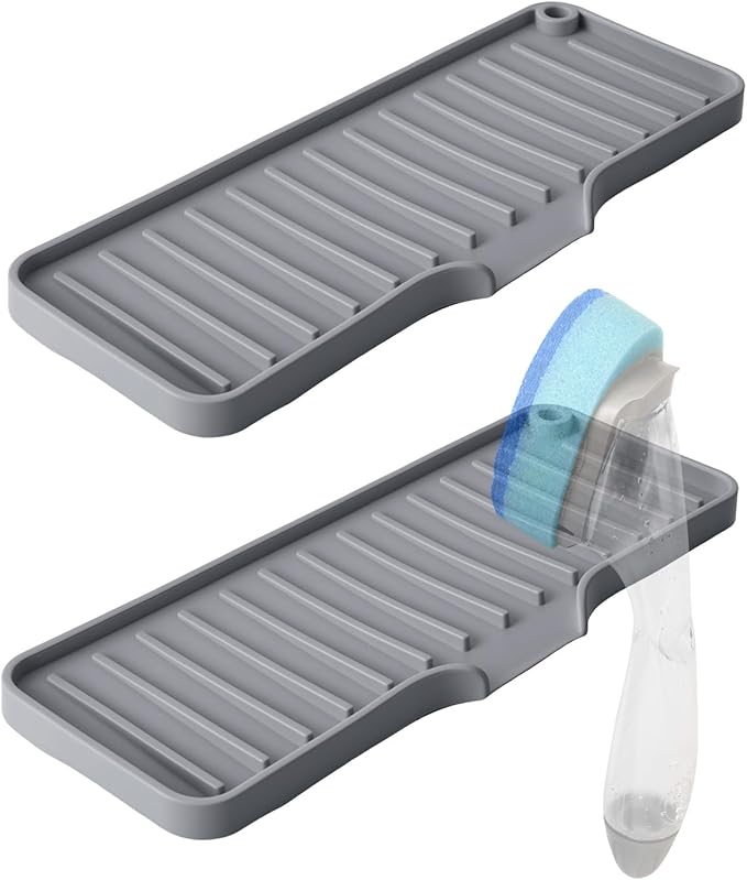 2 Pack Sponge Holder for Kitchen Sink with Drain Spout, Silicone Soap Dish Sink Caddy Organizer for Soap Scrubber Brush, Self-Draining Dish Sponge Holder Compatible with Scrub Daddy, Grey