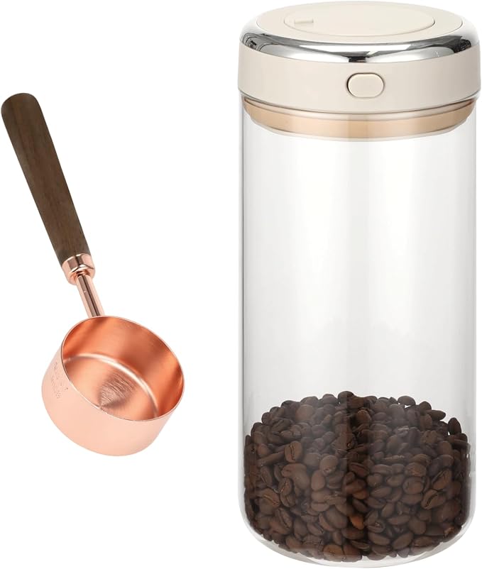 1700ml Glass Coffee Canister with 1/4 Cup Measuring Spoon, Airtight Coffee Bean Storage Jar with One-Way CO₂ Vent, Date Tracking Dial & One-Press Seal Lid, High Borosilicate Glass Jar for Tea Sugar