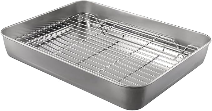 Stainless Steel Baking Pan Tray Set with Cooling Rack for Baking Roasting BBQ Cookies Vegetables Cakes Dishwasher Safe Oven Safe Rust-Resistant Mirror Finish Suitable Size for Kitchen Use(31x24x5cm)