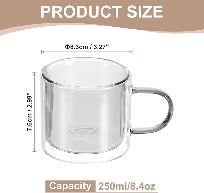 uxcell 8.4 oz Double Wall Glass Coffee Mugs, Glass Tea Cup with Widened Handles for Espresso Coffee, Cappuccino, Tea Bag, Latte, Hot Cold Beverages, Juice, Grey