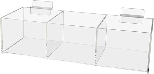 Marketing Holders Slatwall Acrylic Retail Tray Triple Compartment Dump Bin Clear Plexiglass Product Merchandise Storage Caddy for Businesses