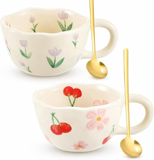 Vesici 2 Pcs Ceramic Coffee Mugs with Spoon, Vintage Floral Spring Mugs with Handle, 8.5 oz Aesthetic Flower Porcelain Tea Cup Set, Dishwasher & Microwave Safe Mothers Day Gifts for Mom(Cute)