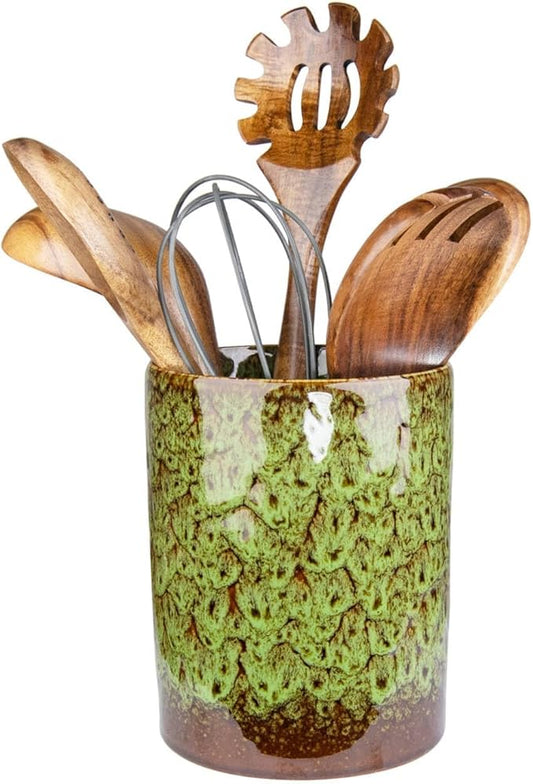Utensil Holder, Green Ceramic Kitchen Utensil Holder for Countertop, Large Cooking Utensil Crocks for Kitchen Counter, Morden Utensil Organizer for Spatula, kitchen Decor