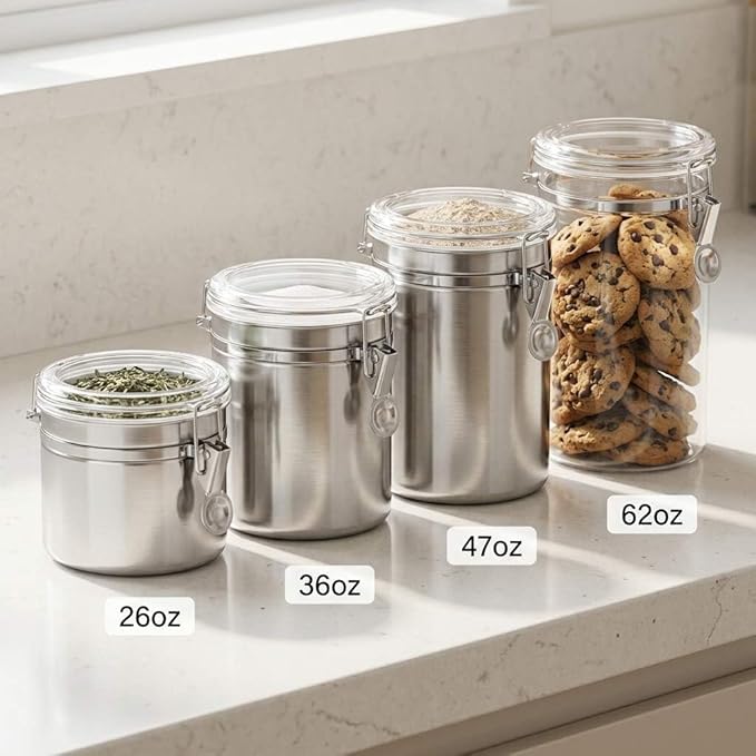 QWORK 4 Pack Stainless Steel Kitchen Storage Canister, Airtight Flour Clamp Canister, 26oz, 36oz, 47oz, 62oz