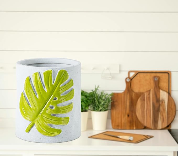 dgudgu Leaf Kitchen Utensil Holder For Countertop White Ceramic Utensil Crock For Counter 3D Green Oak Leaf Design Easy-Grip Textured Kitchen Countertop Organizer For Spoons Spatulas Cooking Tools