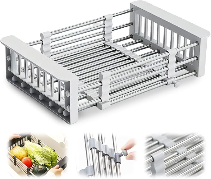 Extend Kitchen Sink Drain Basket, 2026 New Retractable Kitchen Sink, Adjustable Dish Drying Rack with Stainless Steel Drain Basket for Kitchen (White, Small)