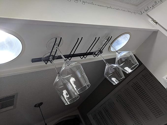 Under Cabinet Wine Glass Rack,Stemware Rack Holds up to 8 Wine Glass,Hanging Wine Glass Holder,Metal Wine Glass Hanger,Glasses Organizer for Home Bar Kitchen(Black)