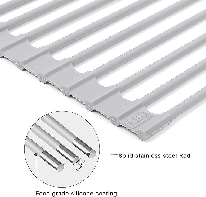Roll Up Dish Drying Rack Over Sink, 17.5" x 13" Silicone Coated Stainless Steel Sink Drying Rack, Foldable Dish Drainer Rack for Kitchen Counter, Heat Resistant, Non-Slip, Space Saving, Gray
