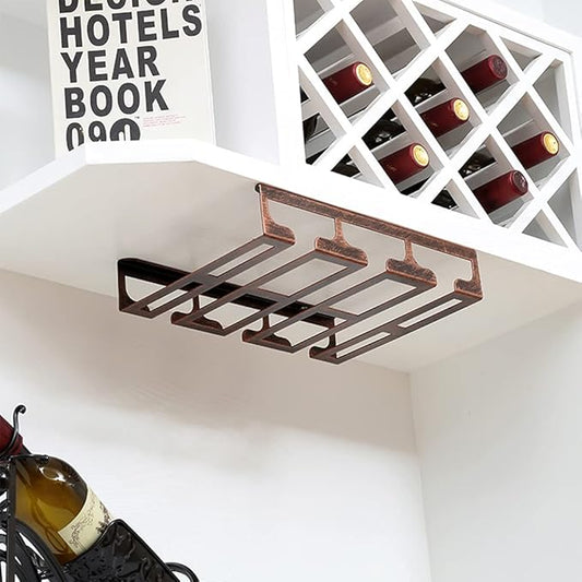 Under Cabinet Stemware, Hanging Wine Glass Holder with Screws, Glasses Storage Hanger Iron Organizer for Home Kitchen Bar