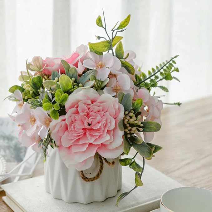 TKAS Fake Flowers Arrangement in Ceramic Vase, Artificial Faux Silk Roses & Hydrangea, Small Realistic Dried-Style Floral Dining Table Centerpiece for Wedding Party Home Decoration (Pink)