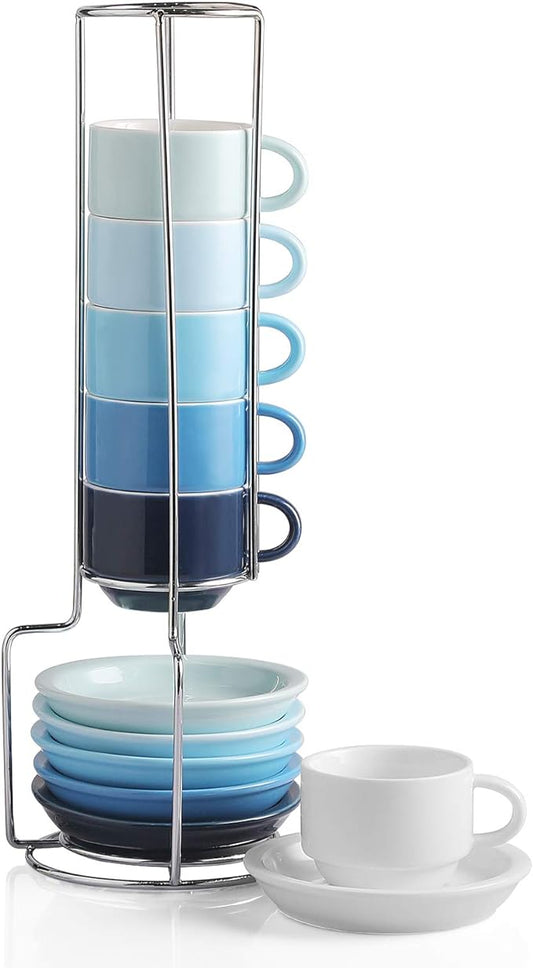 Sweejar Porcelain Espresso Cup & Saucer Set, Stackable Demitasse Cups with Metal Stand, 2.5 OZ for Latte,Coffee,Cafe Mocha,Tea, Set of 6(Blue)