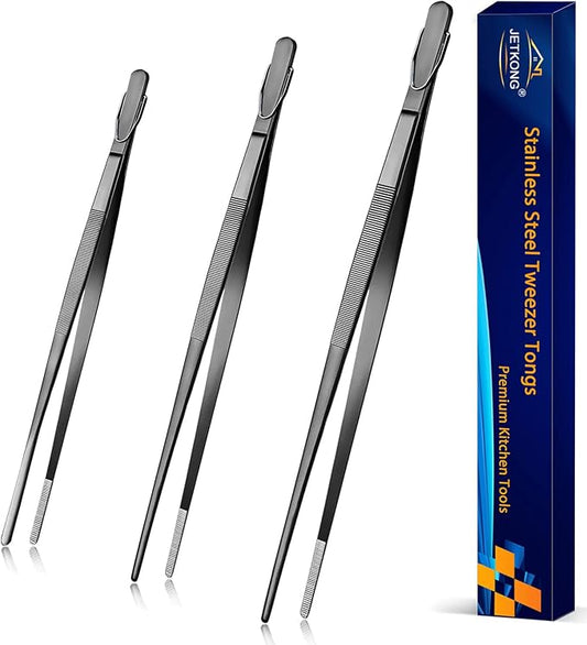 JETKONG 9 12 14 Inch Extra Long Kitchen Tweezers Heavy Duty Stainless Steel Cooking Tweezers, Set of 3 (Point Tips, Black)