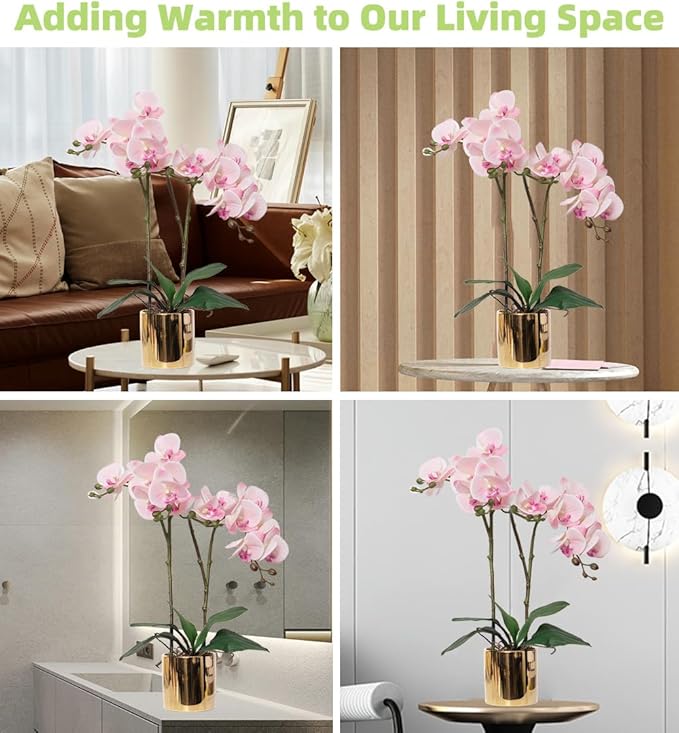 CXGS Artificial Orchid Flower Plant Real Touch Faux Orchids in Ceramic Vase Pink 19.7'' Fake Phalaenopsis Flower Arrangement Centerpiece Home Indoor Decor