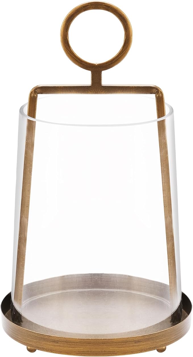 9" Wide Modern Farmhouse Metal Hurricane Candle Holder with Handmade Sturdy Glass Sleeve in Vintage Brass for Pillar Candle & Plants, Glass Hurricane Lantern, Industrial, Minimalistic
