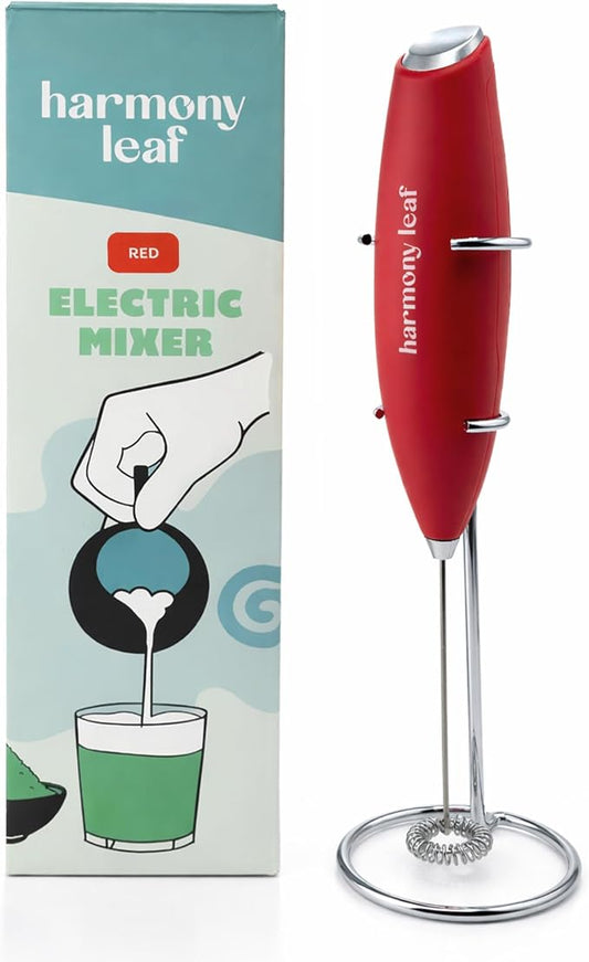 Harmony Leaf Handheld Milk Frother, Stainless Steel Electric Drink Mixer with Stand, Battery Operated Coffee Frother for Lattes, Matcha, Hot Chocolate and More, Red